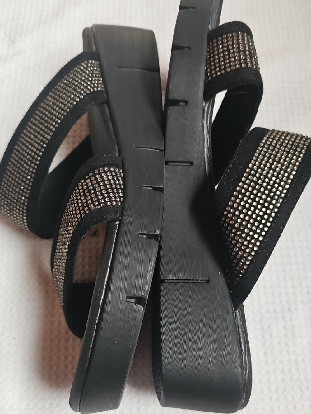 Yellow Box Black Slide Sandals with Metallic Stud Straps - Picture 3 of 5